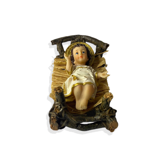 IMAGEM DE RESINA IMPORTADA MENINO JESUS NA MANJEDOURA 15CM (1 UNIDADE)