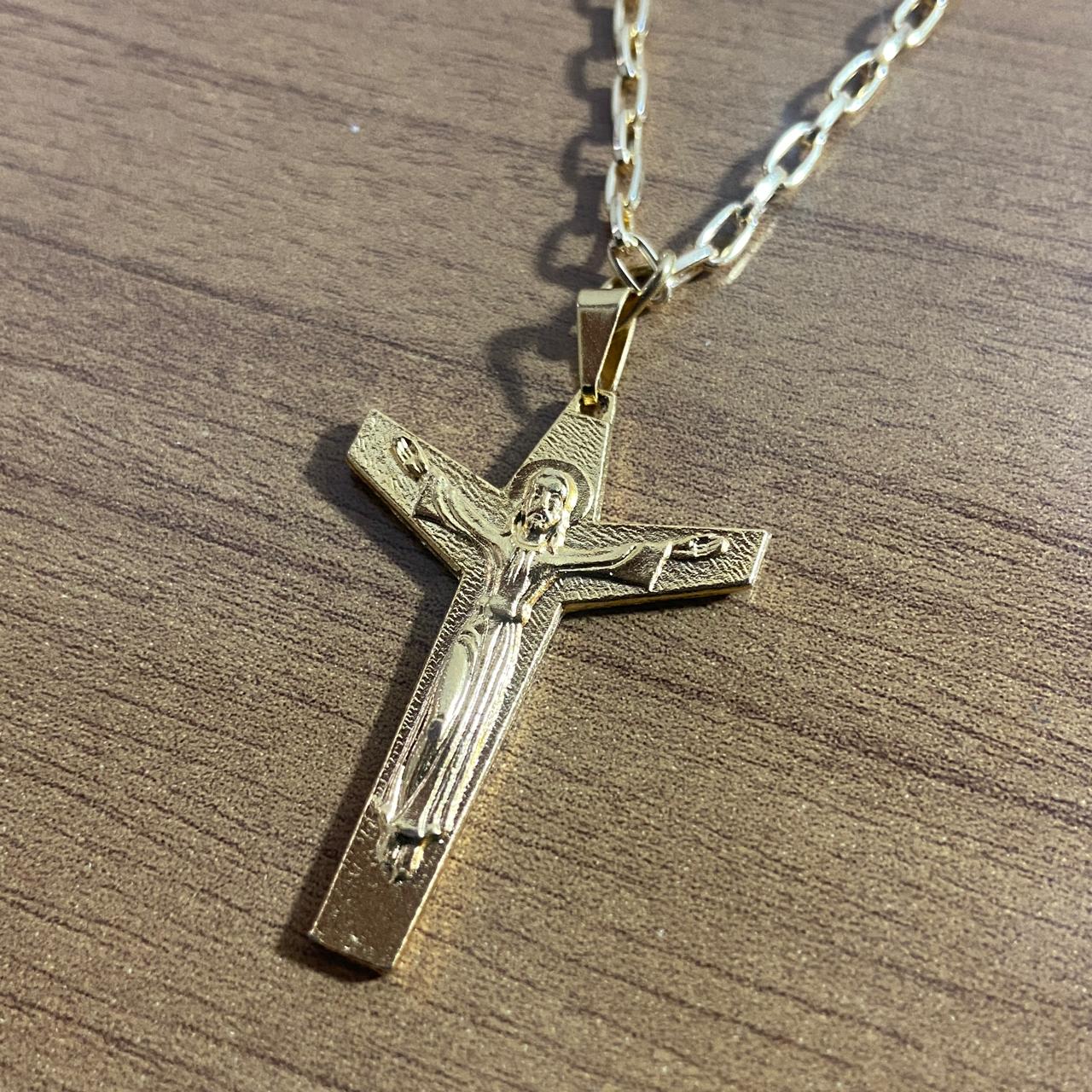 CORRENTE DOURADA CRUZ  JEUS CRISTO RESSUSCITADO ( 1 UNIDADE)