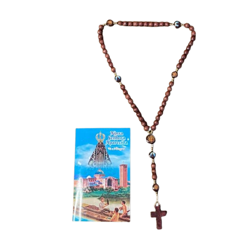 TERÇO DE MADEIRA NOSSA SENHORA APARECIDA E MEDALHA SÃO BENTO 7 MEDALHAS 8MM (3 UNIDADES)