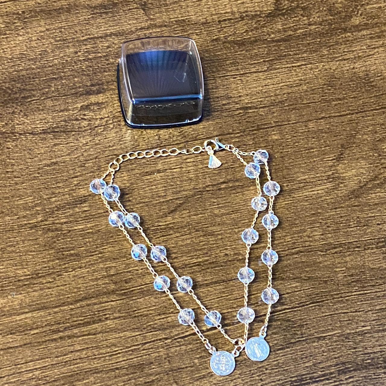 PULSEIRA ESCAPULÁRIO CRISTAL TRANSPARENTE MEDALHA SÃO BENTO  (3 UNIDADES)