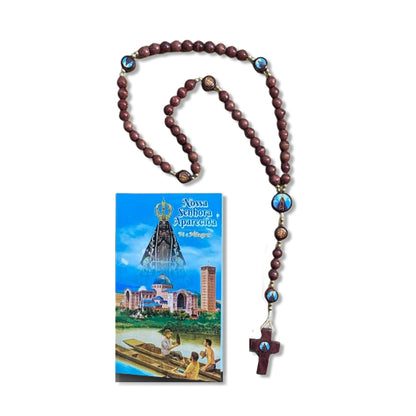 TERÇO DE MADEIRA NOSSA SENHORA APARECIDA E MEDALHA SÃO BENTO 7 MEDALHAS 8MM (3 UNIDADES)