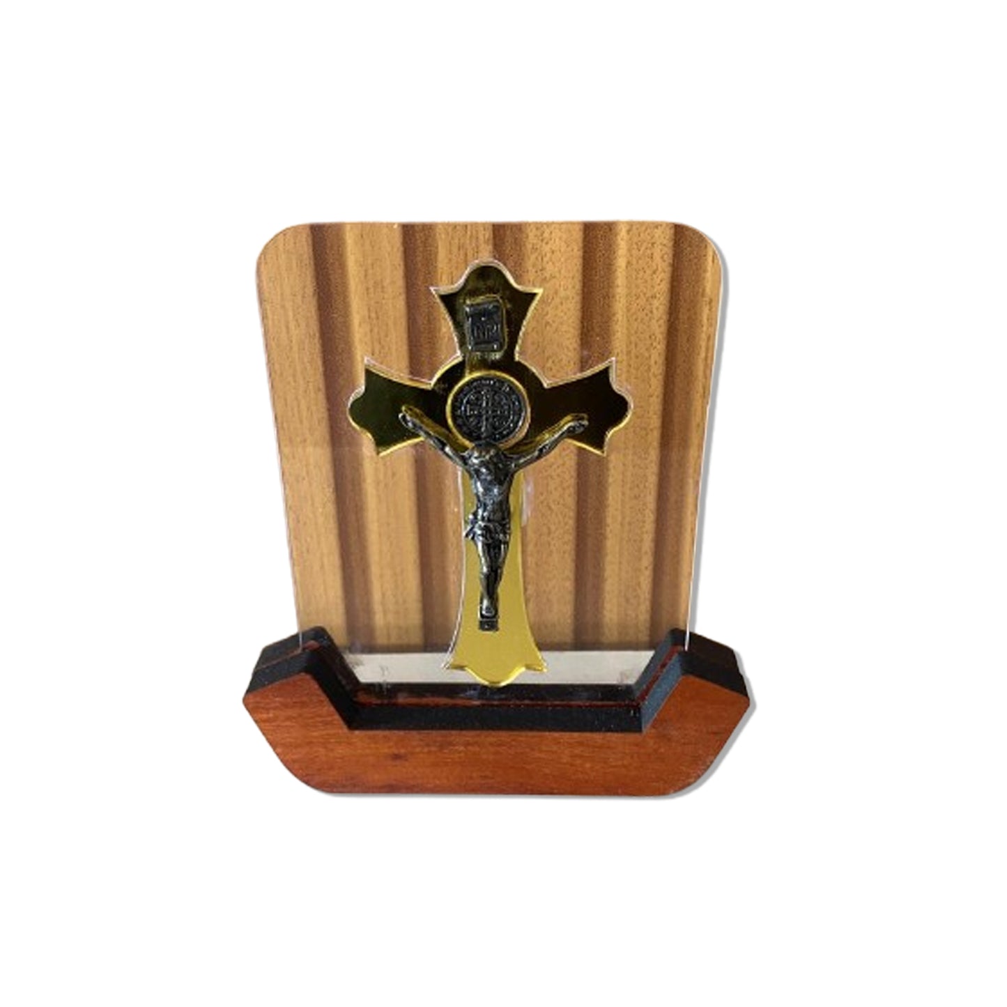 IMAGEM DE MESA METAL OURO VELHO CRUCIFIXO SÃO BENTO NO ACRÍLICO E BASE DE MADEIRA 13,5CM (1 UNIDADE)