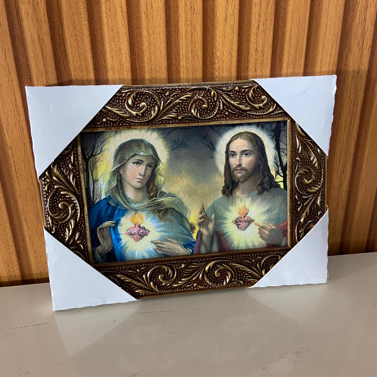 QUADRO COM MOLDURA RESINADO SAGRADO CORAÇÃO DE JESUS E IMACULADO CORAÇÃO DE MARIA  15,5 X 20,5 (1 UNIDADE)