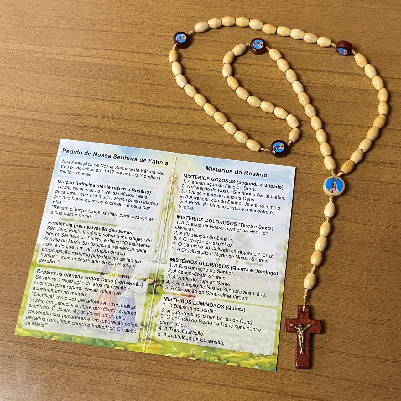 TERÇO DE MADEIRA NOSSA SENHORA DE FÁTIMA 5 MEDALHAS 08MM (3 UNIDADES)