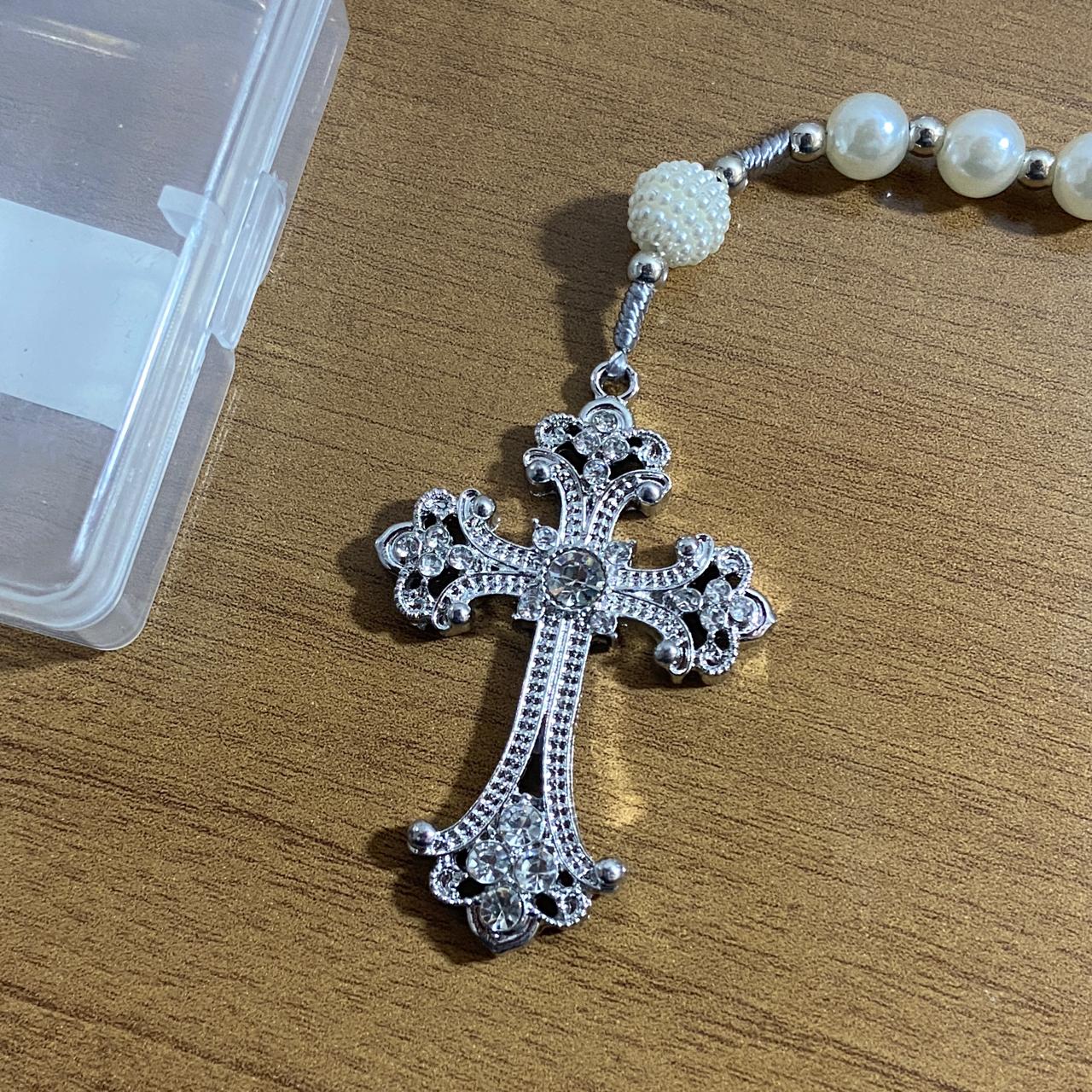 TERÇO DE NOIVA PRATEADO PÉROLA NOSSA SENHORA APARECIDA 08MM (1 UNIDADE)