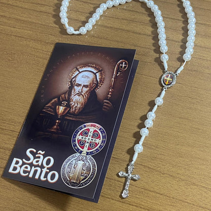 TERÇO PÉROLA MEDALHA SÃO BENTO 8MM (1 UNIDADE)