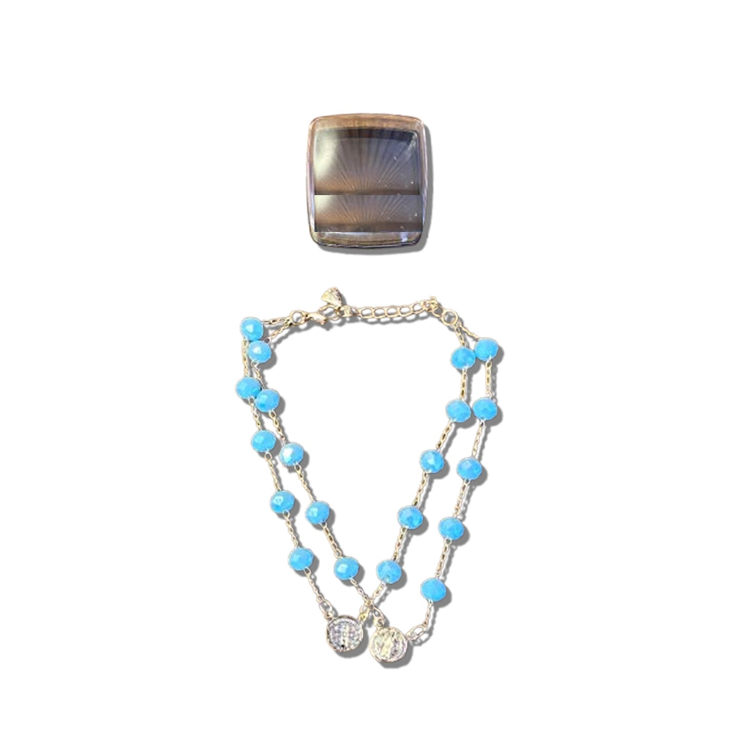 PULSEIRA ESCAPULÁRIO CRISTAL AZUL CLARO MEDALHA SÃO BENTO  (3 UNIDADES)