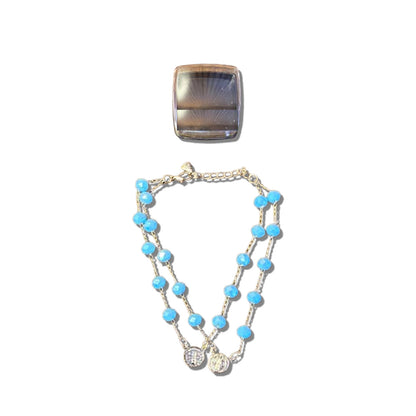 PULSEIRA ESCAPULÁRIO CRISTAL AZUL CLARO MEDALHA SÃO BENTO  (3 UNIDADES)