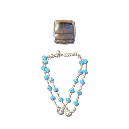 PULSEIRA ESCAPULÁRIO CRISTAL AZUL CLARO MEDALHA SÃO BENTO  (3 UNIDADES)