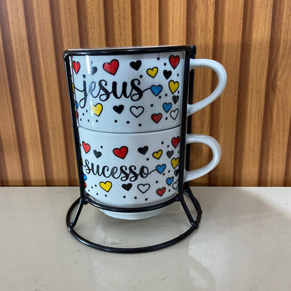 XÍCARA BRANCA EMPILHÁVEL JESUS E SUCESSO  ( 2 UNIDADES)