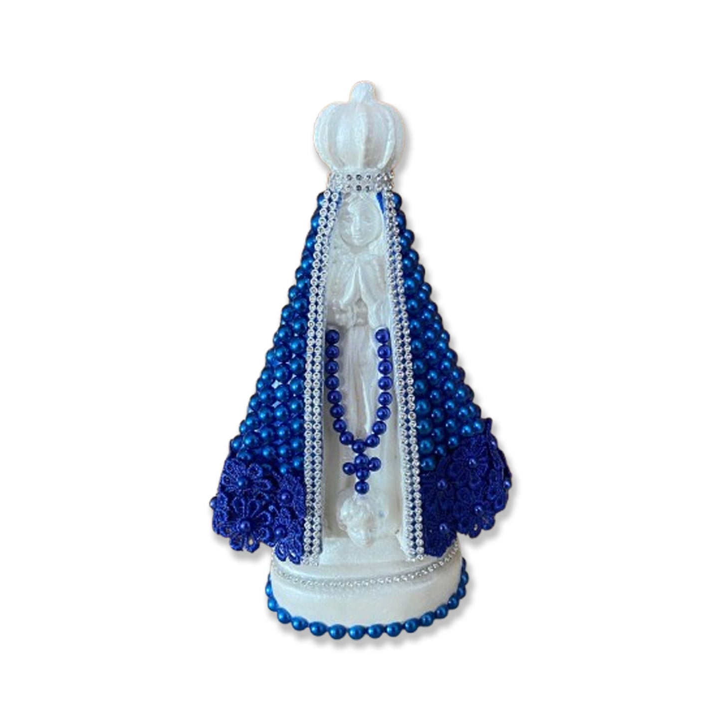 IMAGEM DE GESSO NOSSA SENHORA APARECIDA BRANCA BORDADA COM PÉROLA AZUL 22,5CM (1 UNIDADE)