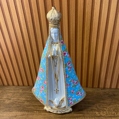 IMAGEM DE GESSO NOSSA SENHORA APARECIDA BRANCA MANTO TECIDO AZUL CLARO 34CM (1 UNIDADE)