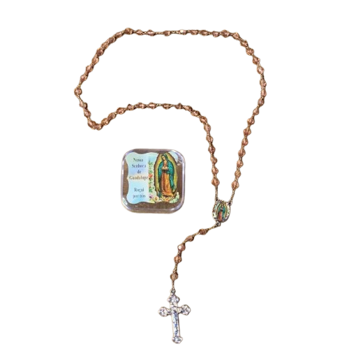 TERÇO SEMICRISTAL NA CAIXINHA NOSSA SENHORA DE GUADALUPE 6MM (6 UNIDADES)