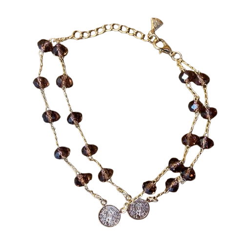 PULSEIRA ESCAPULÁRIO CRISTAL VINHO TRANSPARENTE MEDALHA SÃO BENTO  (3 UNIDADES)