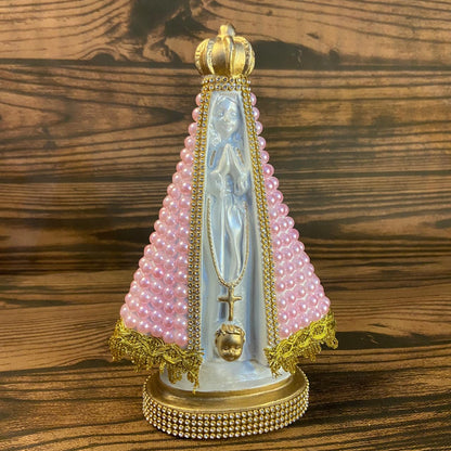 IMAGEM DE GESSO NOSSA SENHORA APARECIDA BRANCA BORDADA COM PÉROLA ROSA 22,5CM MOD 2 (1 UNIDADE)