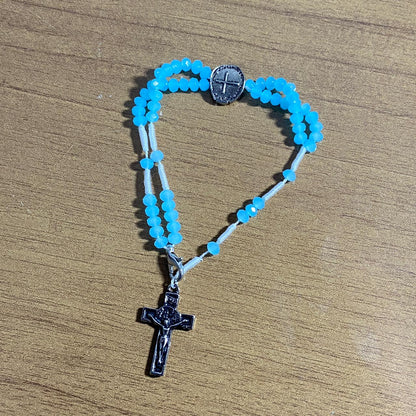 TERÇO PULSEIRA CRISTAL DUAS MEDALHAS AZUL BEBÊ  (3 UNIDADES)