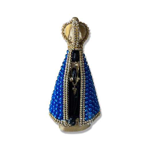 IMAGEM DE GESSO NOSSA SENHORA APARECIDA COM PÉROLA AZUL E STRASS 15CM (1 UNIDADE)