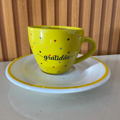 XÍCARA COM PIRES GRATIDÃO AMARELO (1 UNIDADE)