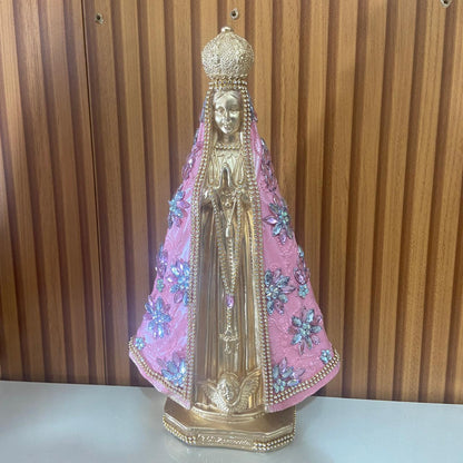 IMAGEM DE GESSO NOSSA SENHORA APARECIDA DOURADA E ROSA COM STRASS E PEDRARIA 33CM  (1 UNIDADE)