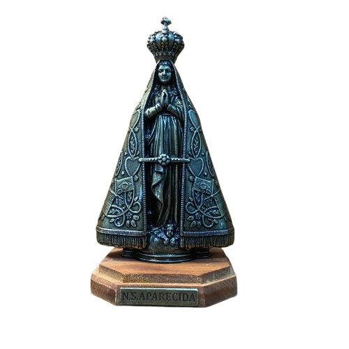 IMAGEM DE MESA METAL OURO VELHO NOSSA SENHORA APARECIDA COM BASE DE MADEIRA 18CM (1 UNIDADE)