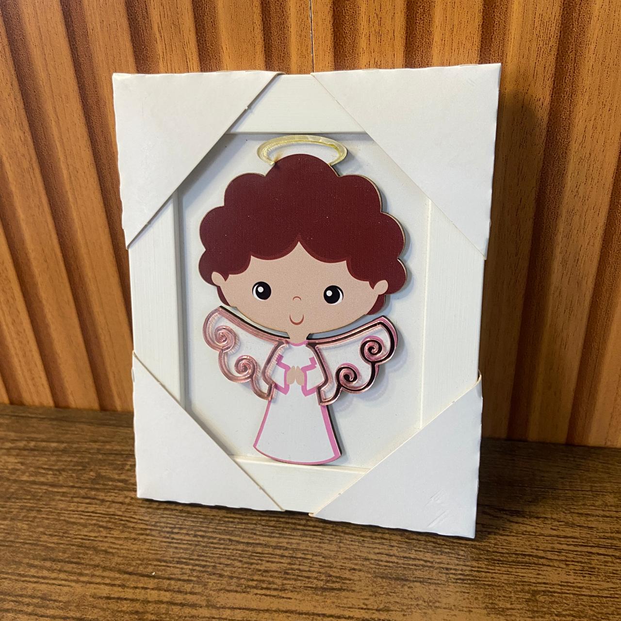 QUADRO MDF ANJO DA GUARDA ROSA INFANTIL COM ACRÍLICO 15,6CMX 12,6CM (1 UNIDADE)