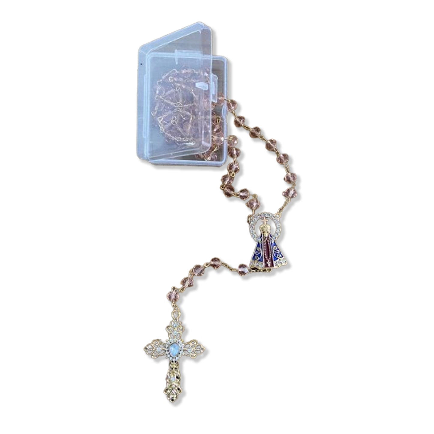 TERÇO DE NOIVA CRISTAL ROSA TRANSPARENTE NOSSA SENHORA APARECIDA 06MM (1 UNIDADE)