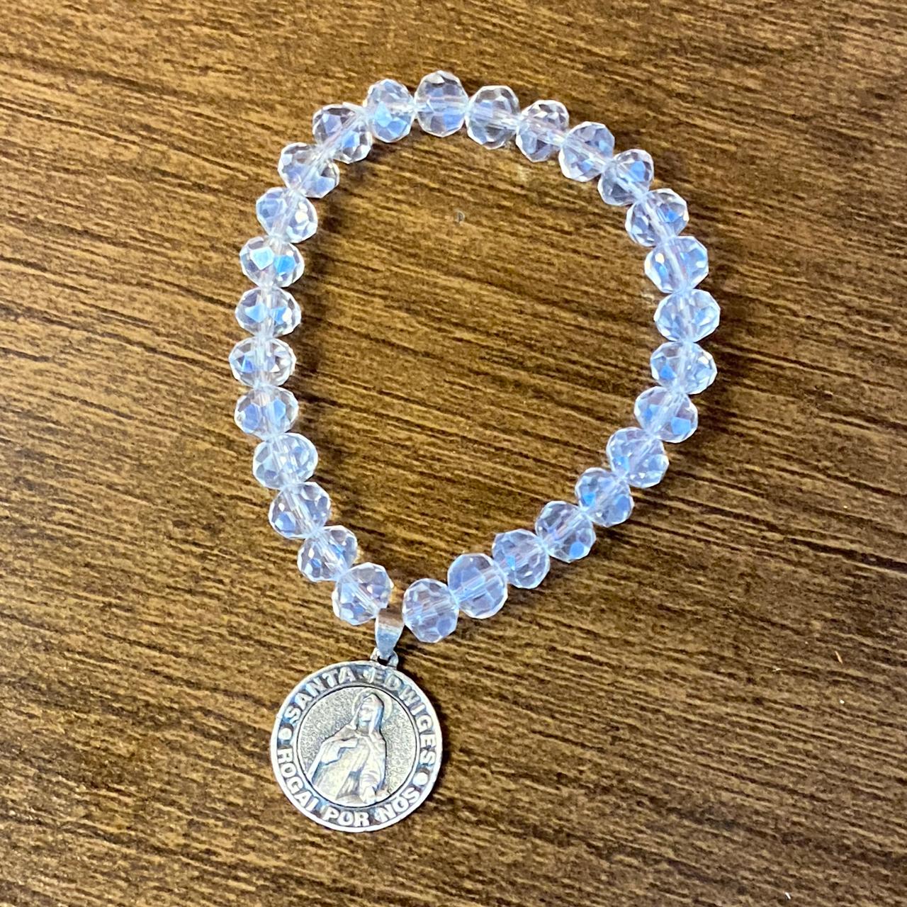 PULSEIRA CRISTAL COM MEDALHA PRATEADA SANTA EDWIGES (01 UNIDADE)