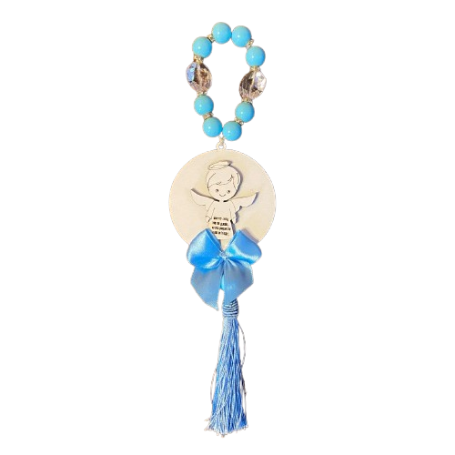 ADORNO DE PÉROLA E CRISTAL ANJINHO AZUL MDF 30CM (1 UNIDADE)