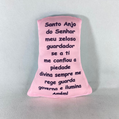 ALMOFADA PEQUENA COM ORAÇÃO ANJO DA GUARDA ROSA (1 UNIDADE)