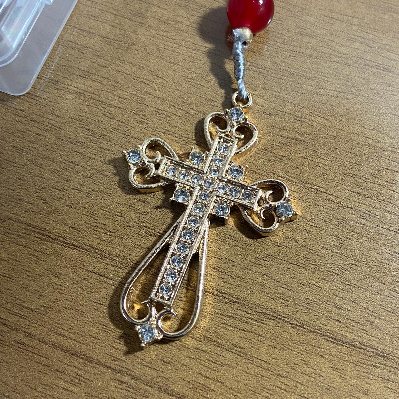 TERÇO DE NOIVA DOURADO CRISTAL VERMELHO NOSSA SENHORA APARECIDA 08MM (1 UNIDADE)