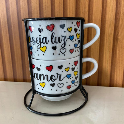 XÍCARA BRANCA EMPILHÁVEL SEJA LUZ E AMOR  ( 2 UNIDADES)