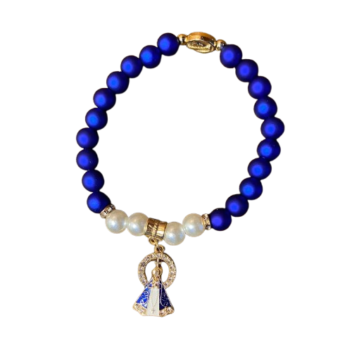 PULSEIRA PÉROLA  AZUL COM PINGENTE NOSSA SENHORA APARECIDA  (03 UNIDADE)