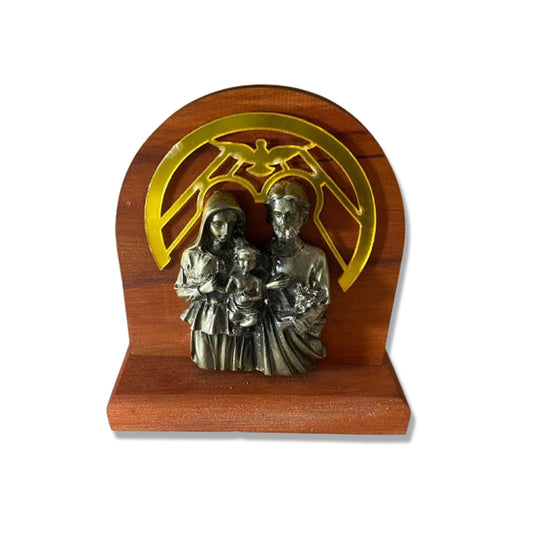 ADORNO DE MESA MADEIRA SAGRADA FAMÍLIA METAL OURO VELHO 13CM (1 UNIDADE)