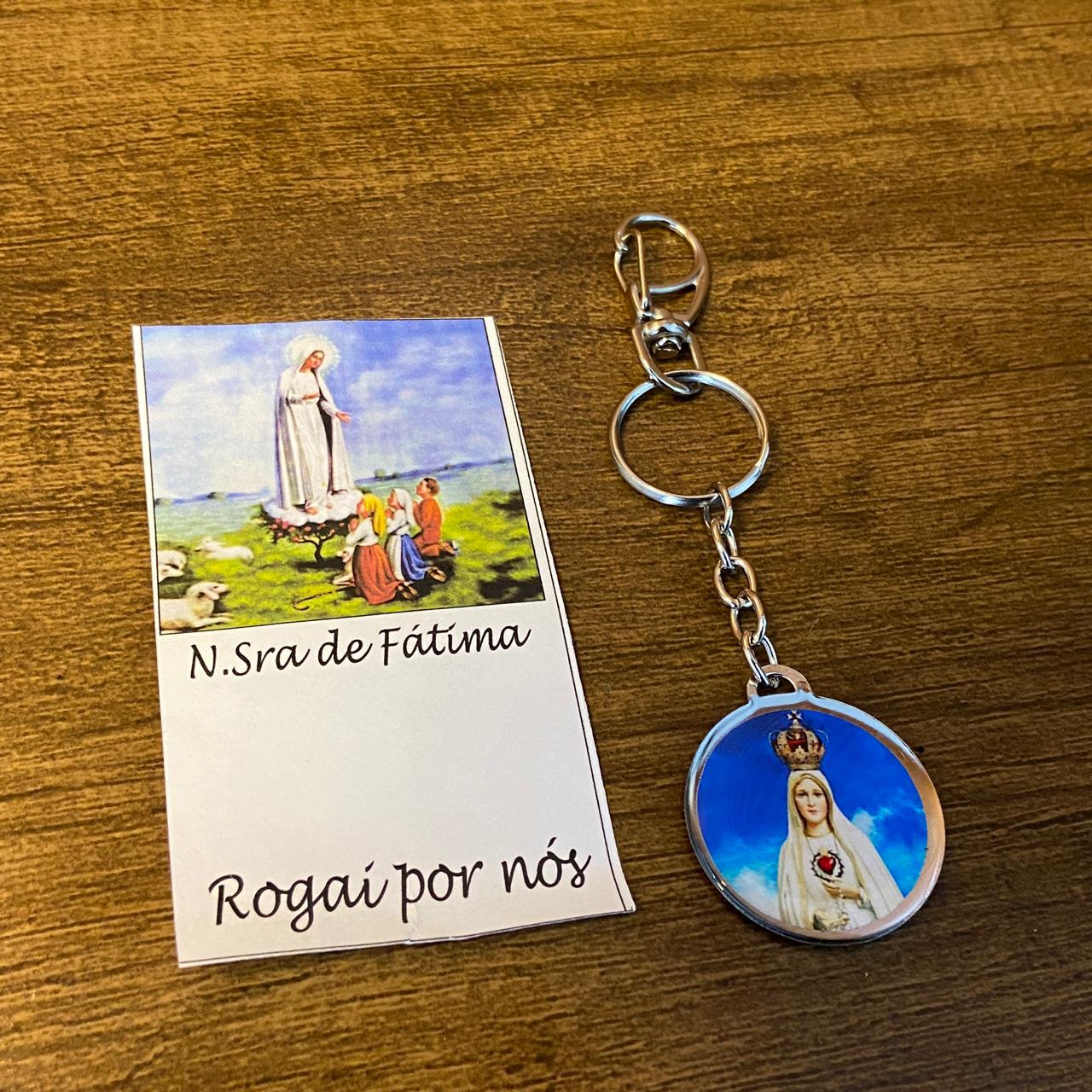 CHAVEIRO METAL DUPLA FACE COM MOSQUETE NOSSA SENHORA DE FÁTIMA (6 UNIDADES)