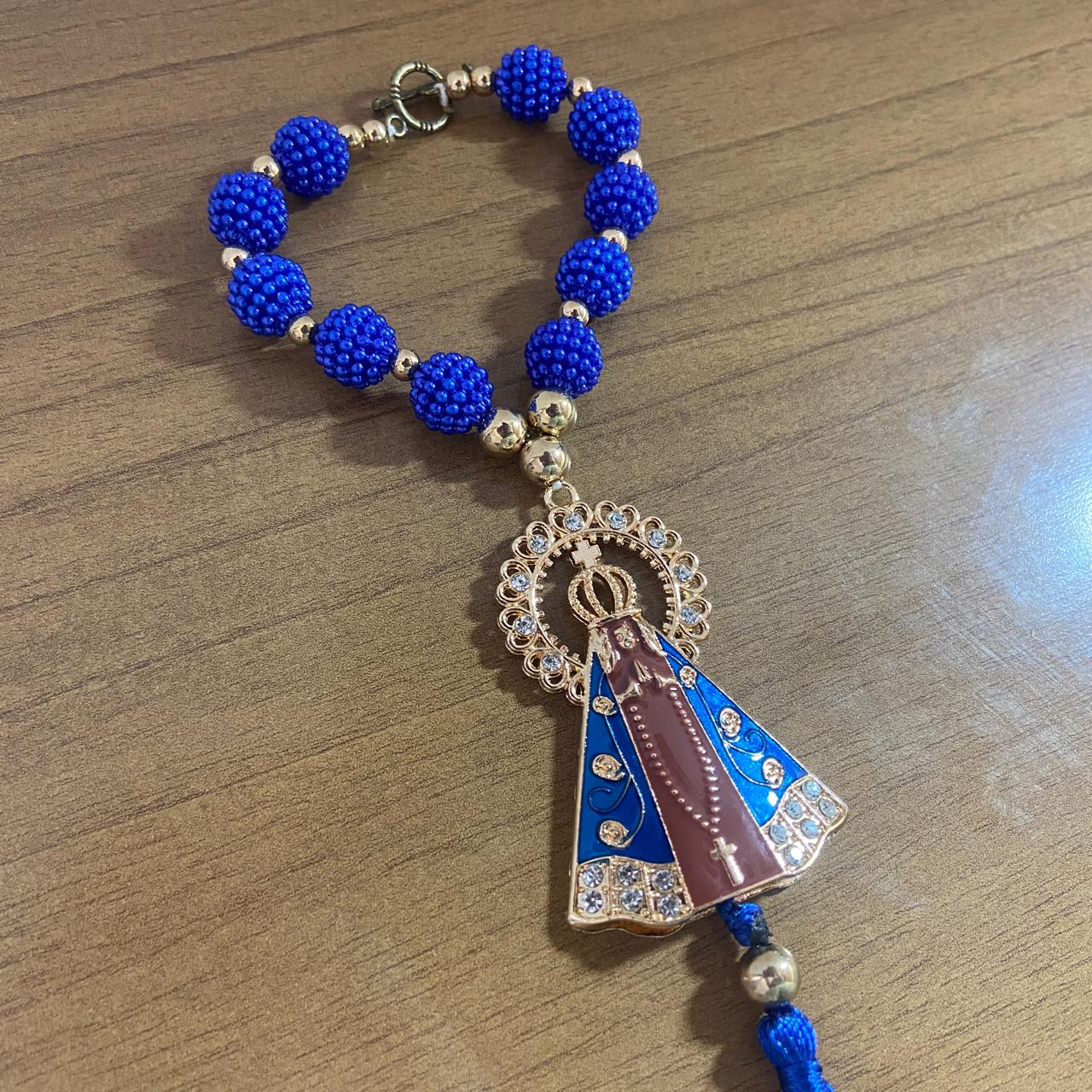 DEZENA PARA CARRO NOSSA SENHORA APARECIDA MARROM AMORA AZUL MOD2 12MM (3 UNIDADES)