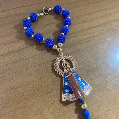 DEZENA PARA CARRO NOSSA SENHORA APARECIDA MARROM AMORA AZUL MOD2 12MM (3 UNIDADES)
