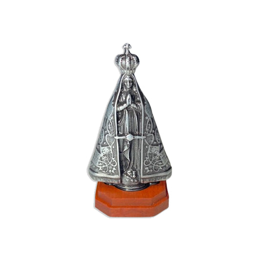 IMAGEM DE MESA METAL PRATA VELHA NOSSA SENHORA APARECIDA BASE DE MADEIRA  09CM (1 UNIDADE)