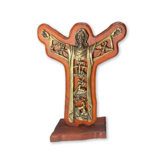 ADORNO DE MESA MADEIRA CRISTO RESSUSCITADO METAL OURO VELHO 21,5CM (1 UNIDADE)