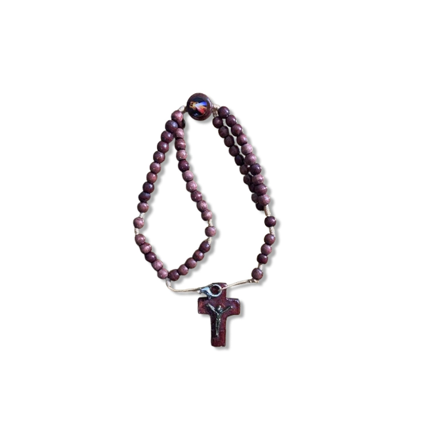 TERÇO PULSEIRA MADEIRA JESUS MISERICORDIOSO (12 UNIDADES)