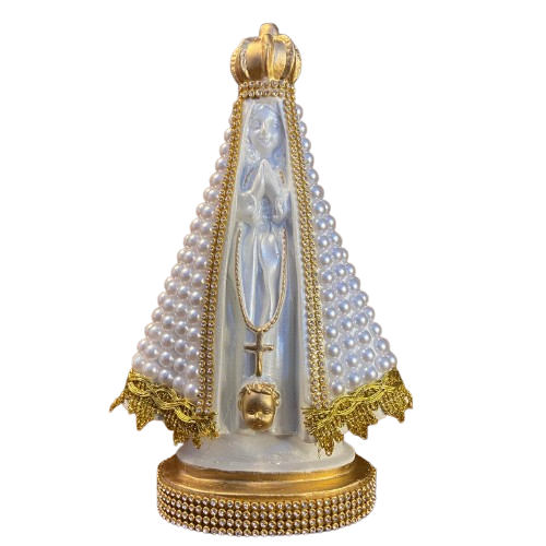 IMAGEM DE GESSO NOSSA SENHORA APARECIDA BORDADA COM PÉROLA BRANCA 22,5CM MOD 2 (1 UNIDADE)