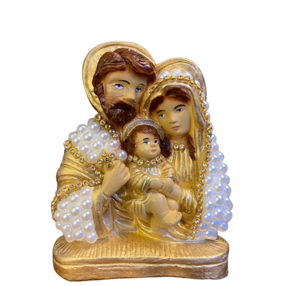 BUSTO DE GESSO SAGRADA FAMÍLIA BRANCO E DOURADO COM PÉROLA E STRASS 13CM MOD 2 (1 UNIDADE)