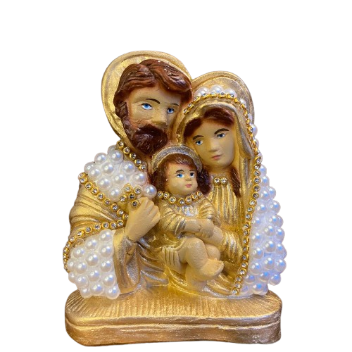 BUSTO DE GESSO SAGRADA FAMÍLIA BRANCO E DOURADO COM PÉROLA E STRASS 13CM MOD 2 (1 UNIDADE)