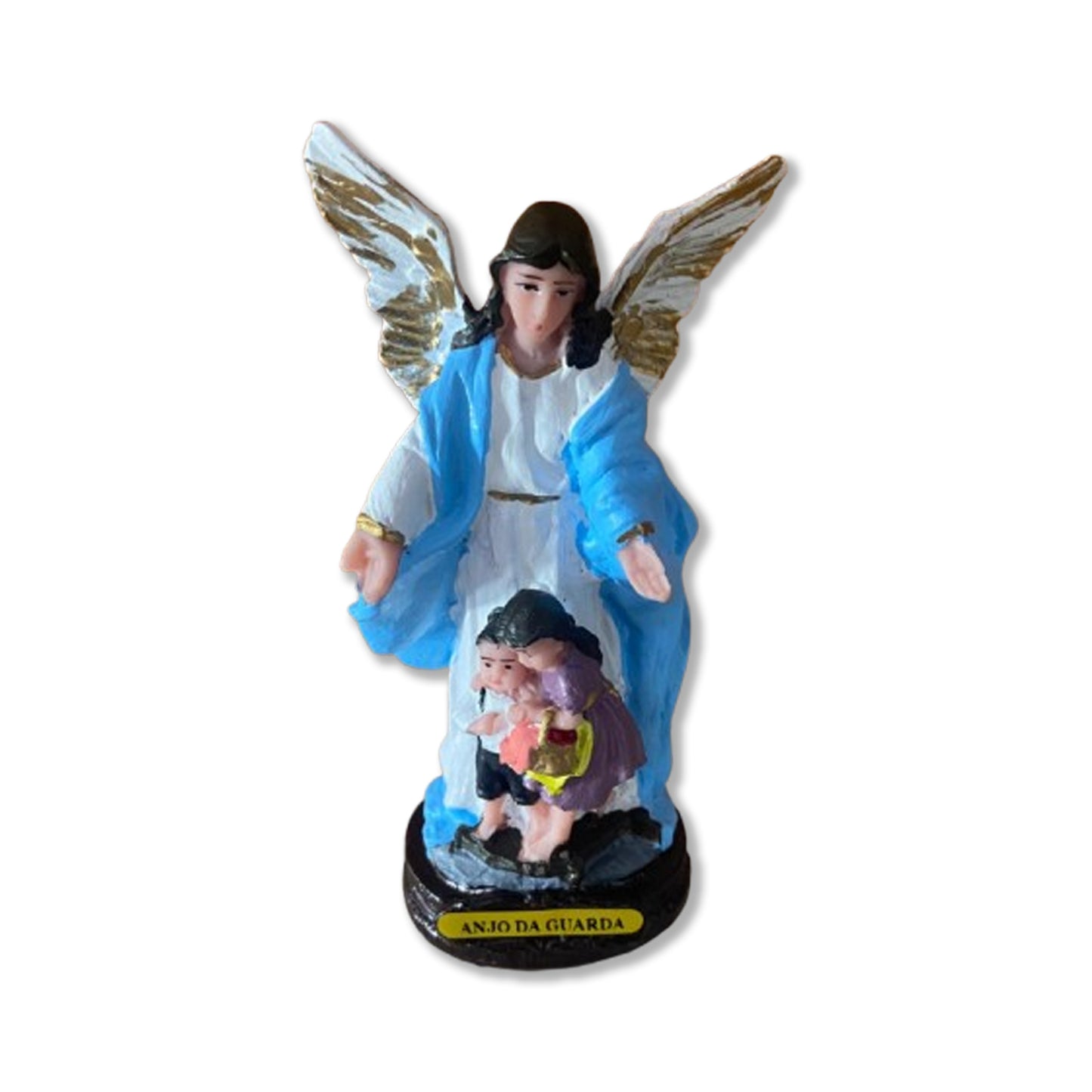 IMAGEM DE RESINA NACIONAL ANJO DA GUARDA AZUL COM CRIANÇA 14CM (1 UNIDADE)