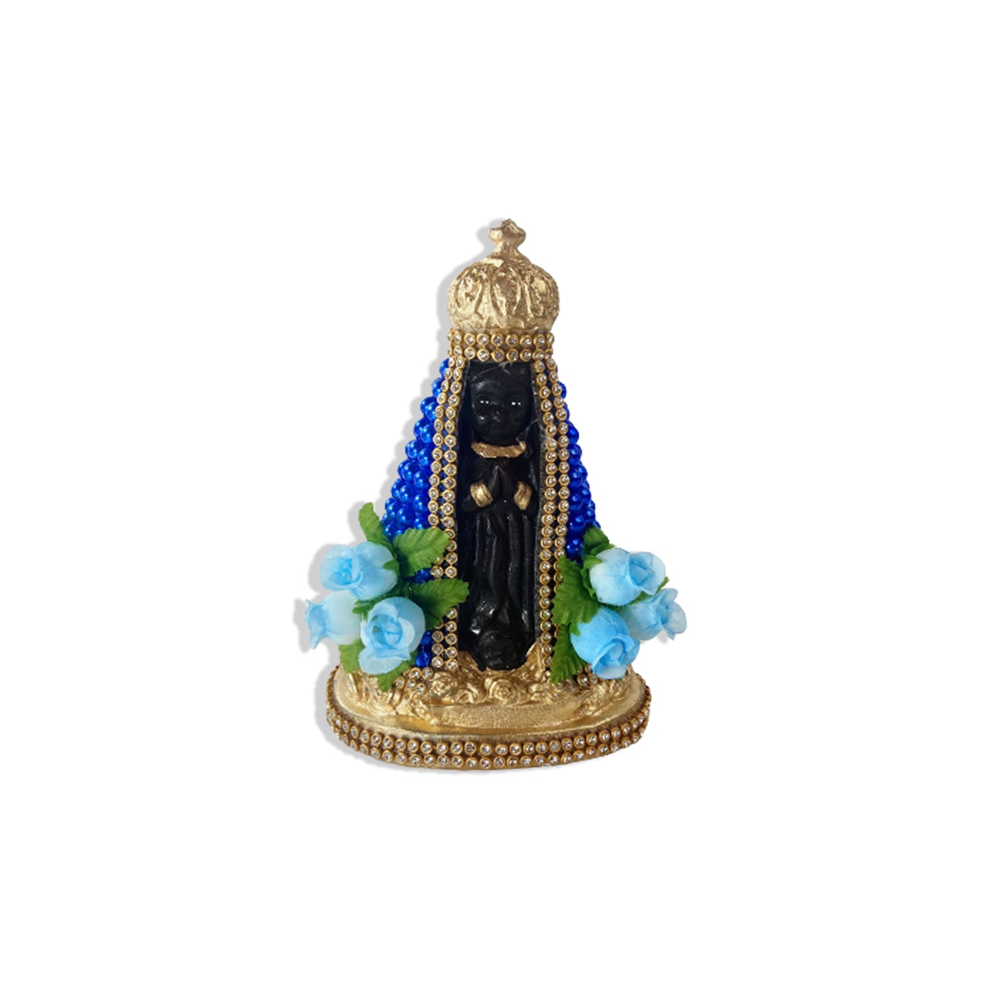 IMAGEM DE GESSO NOSSA SENHORA APARECIDA PÉROLA AZUL COM FLORES 14CM (1 UNIDADE)