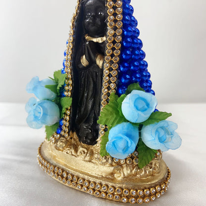 IMAGEM DE GESSO NOSSA SENHORA APARECIDA PÉROLA AZUL COM FLORES 14CM (1 UNIDADE)