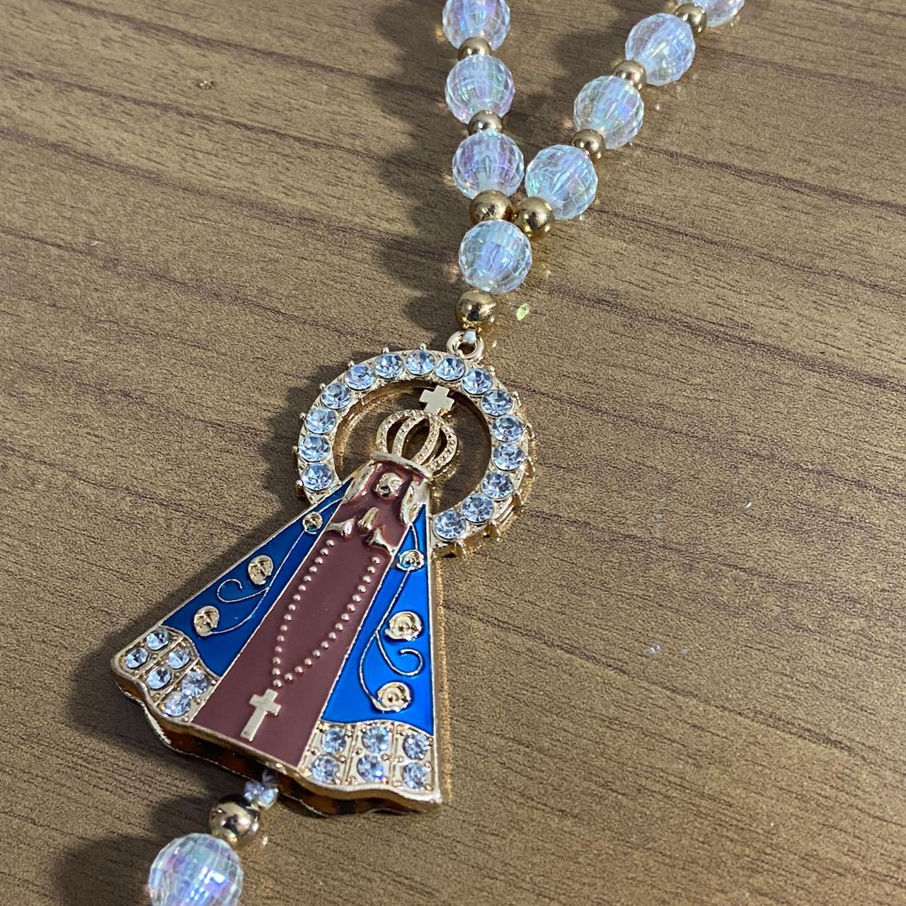 DEZENA PARA CARRO CRISTAL NOSSA SENHORA APARECIDA MARROM COM STRASS 12MM (3 UNIDADES)