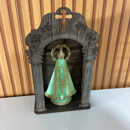ORATÓRIO DE PAREDE E MESA MDF + IMAGEM DE PLÁSTICO NOSSA SENHORA APARECIDA FLUORESCENTE COM STRASS 15CM (1 UNIDADE)