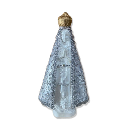 IMAGEM DE GESSO NOSSA SENHORA APARECIDA BRANCA MANTO PRATEADO COM STRASS 31CM (1 UNIDADE)