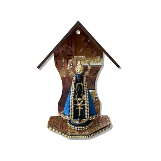 ORATÓRIO DE PAREDE E MESA MDF DOURADO+ IMAGEM DE PLÁSTICO NOSSA SENHORA APARECIDA AZUL COM STRASS 15CM (1 UNIDADE)