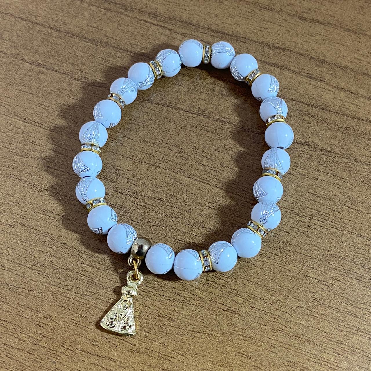 PULSEIRA PÉROLA CONTAS DECORADAS BRANCA NOSSA SENHORA APARECIDA  (06 UNIDADES)